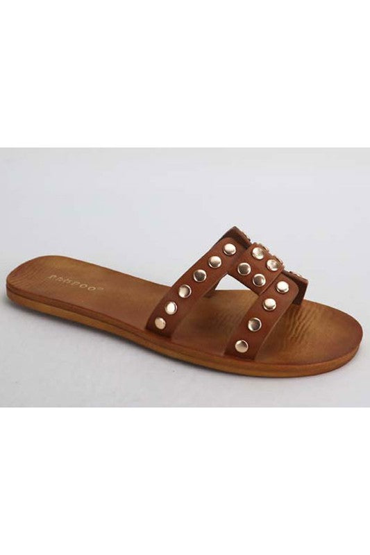 Gold Studded Flat Sandals in Tan