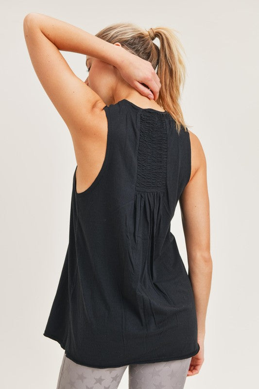 Flirty Smocked Tank in Black- SMALL