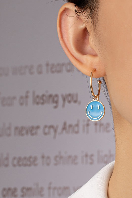 Happy face charm hoop earrings