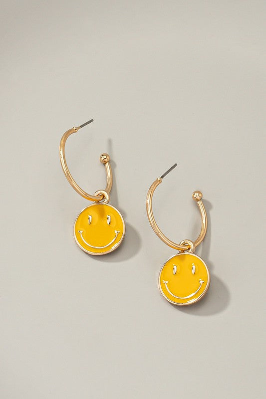 Happy face charm hoop earrings