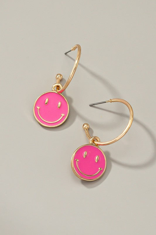 Happy face charm hoop earrings