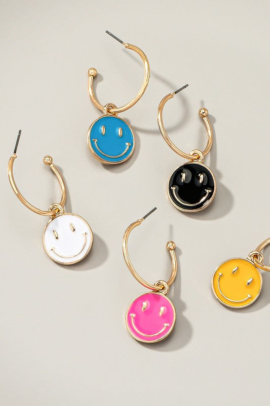 Happy face charm hoop earrings