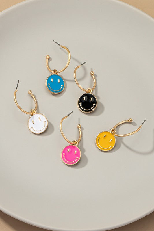 Happy face charm hoop earrings