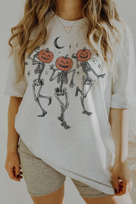 Dancing Pumpkin Skeletons Oversized Tee in Ash
