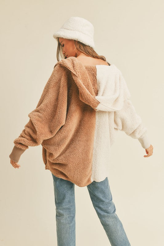 Fuzzy Color Block Cardigan in Chestnut/Ivory