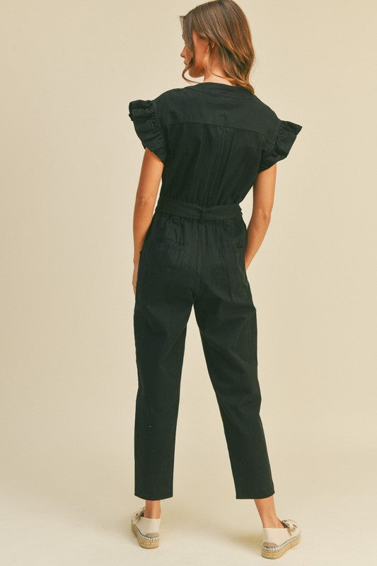 Utility Jumpsuit with Ruffle Sleeve in Black - medium
