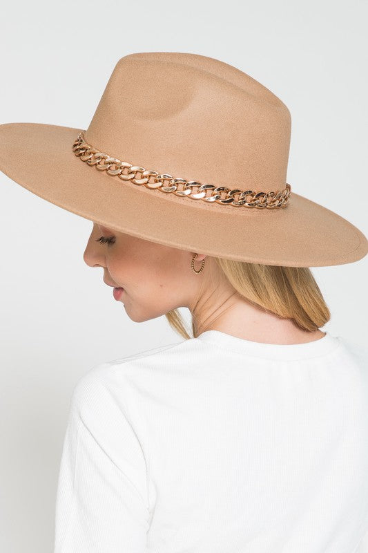 Wide Brim Hat with Gold Chain in Tan