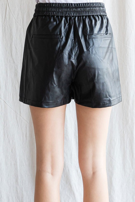 Vegan Leather Drawstring Shorts in Black