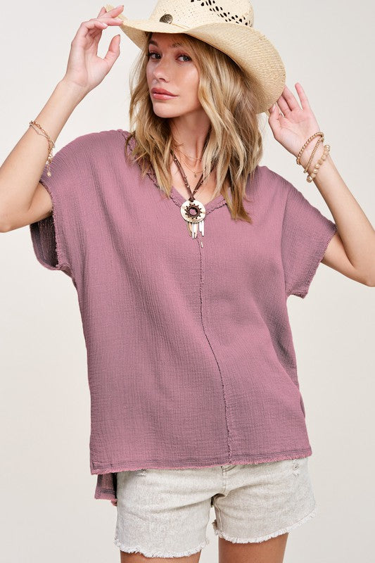 Maddie V-Neck Top in Berry