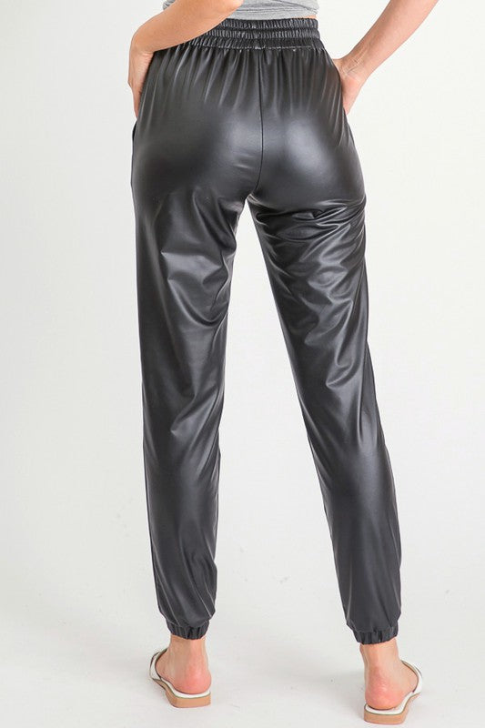 Faux Leather Joggers in Black