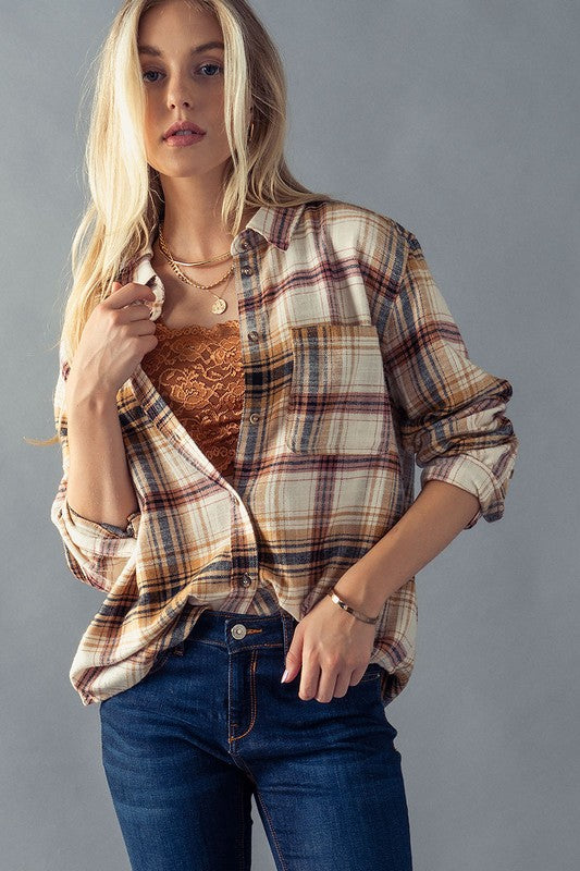 Bon Fire Plaid Button Down in Saffron
