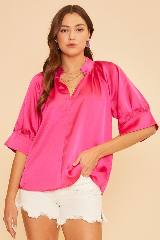 Hey There Satin Top in Hot Pink