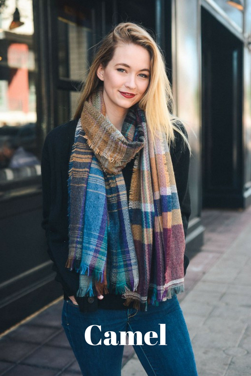 Plaid Blanket Scarf in Camel