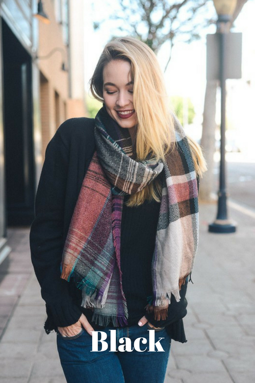 Plaid Blanket Scarf in Black