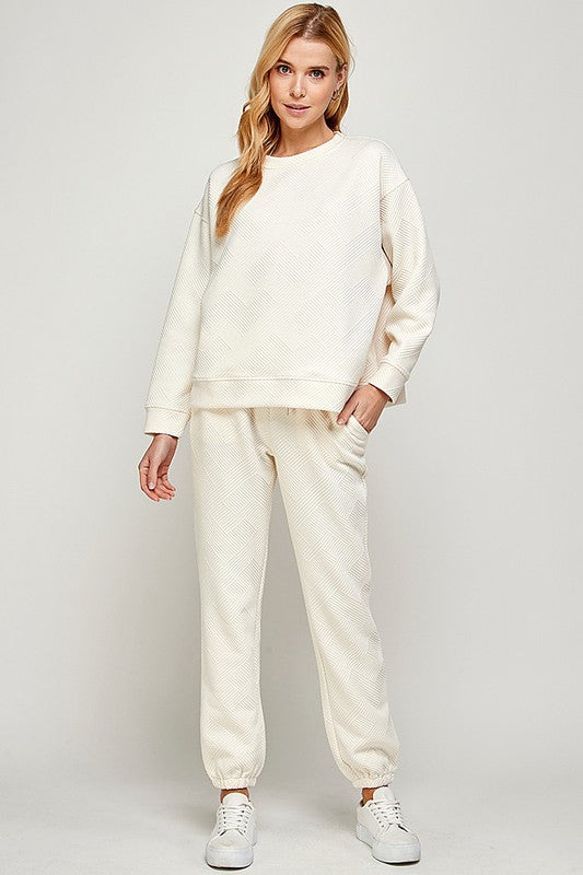 Textured Long Sleeve Sweatshirt Top in Cream