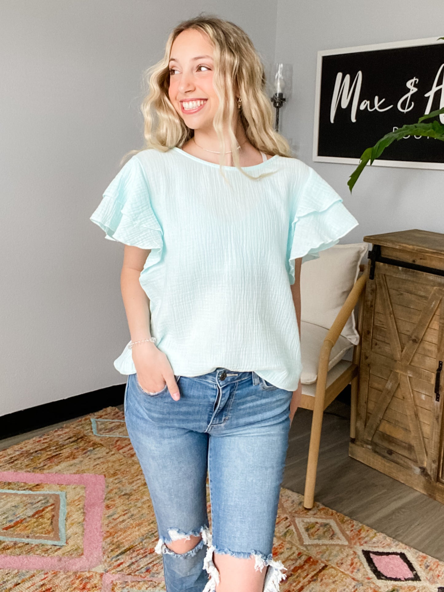 Ruffle Sleeve Cotton Gauze Top in Mint