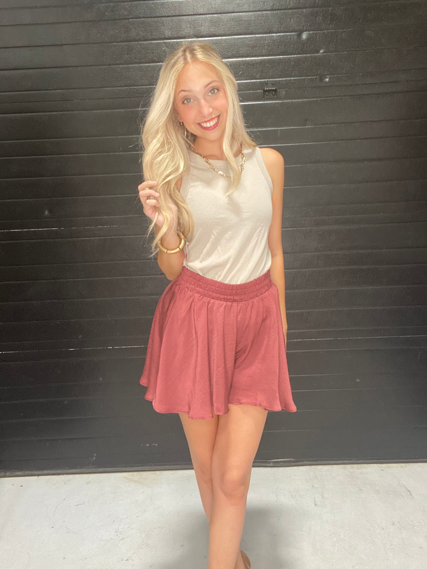 Satin Flared Shorts in Sienna