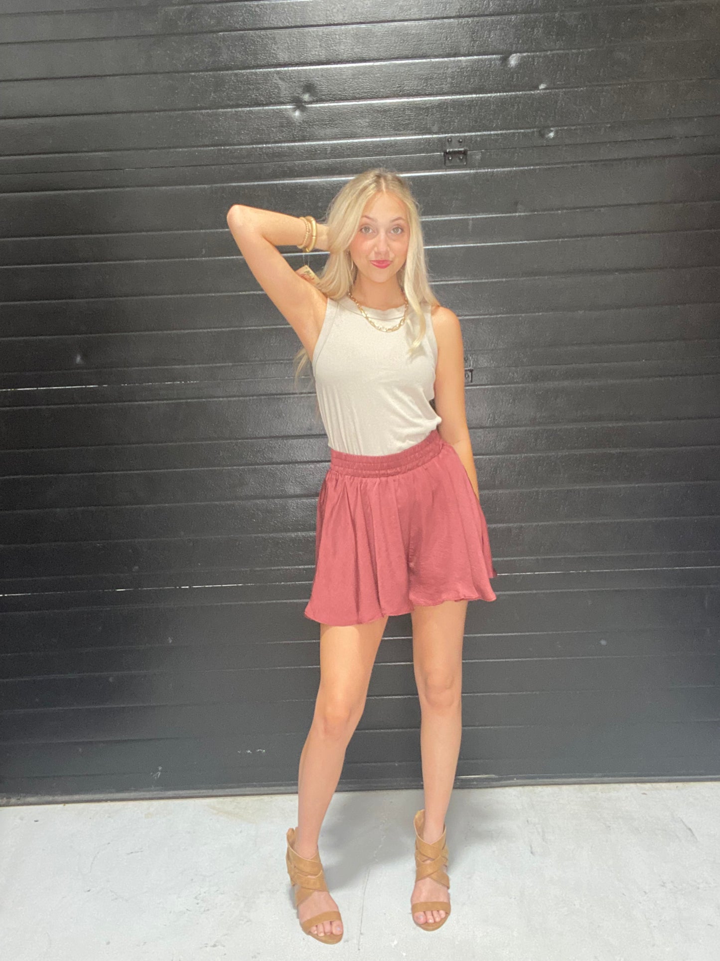 Satin Flared Shorts in Sienna