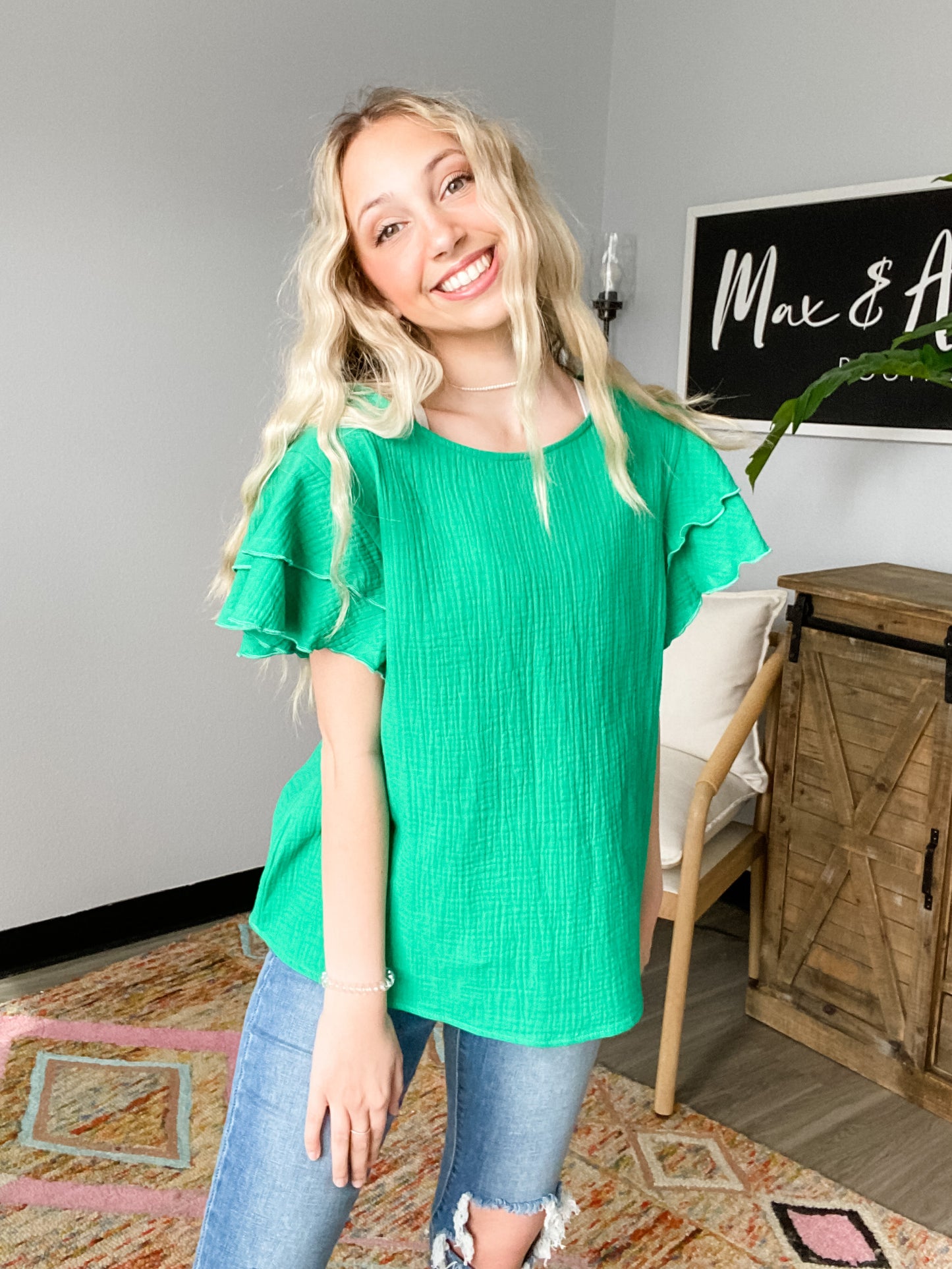 Ruffle Sleeve Cotton Gauze Top in Jade