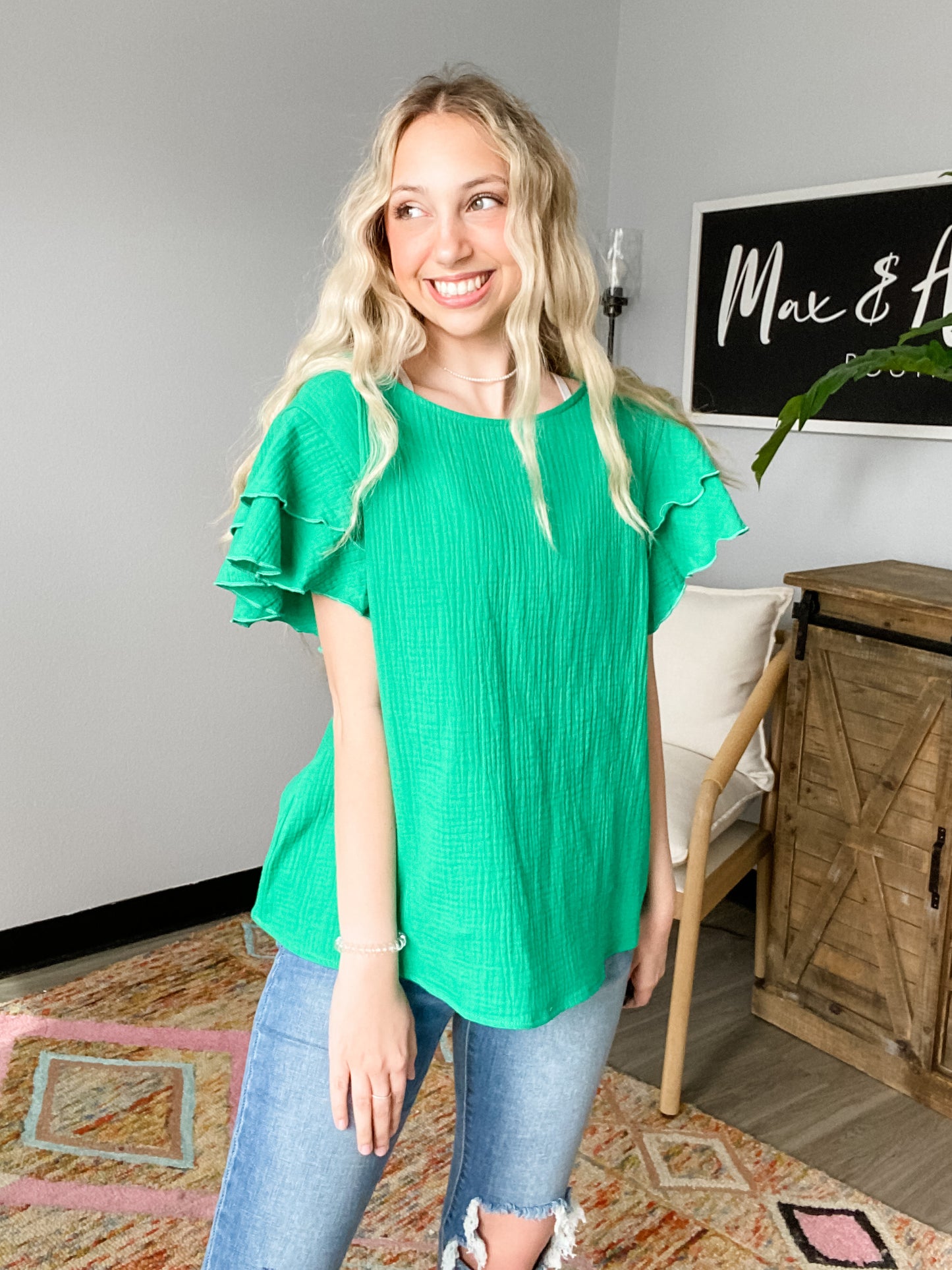 Ruffle Sleeve Cotton Gauze Top in Jade