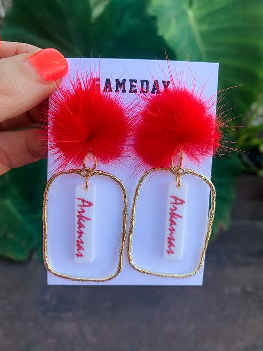 Arkansas With Red Poof Earrings