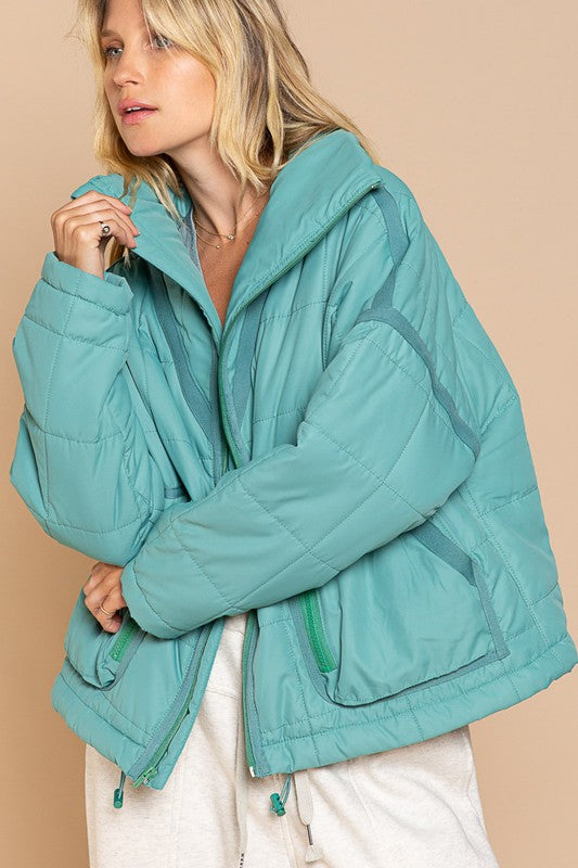 Quilted With Zipper Closure Jacket in Powder Green
