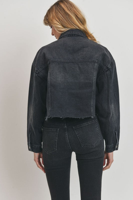 Cropped Boyfriend Denim Jacket in Black