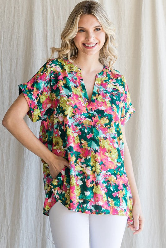 Summertime Floral Print Top in Hot Pink Mix