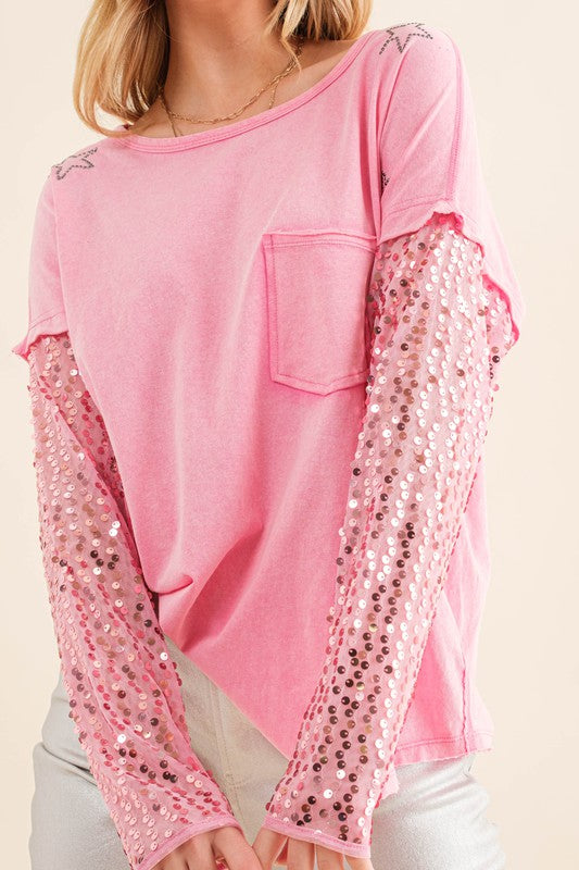 Star Printed Shoulder Sequin Sleeve Top