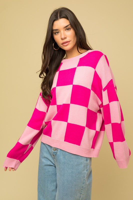 Pink Checkered Long Sleeve Sweater