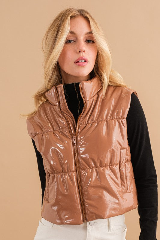 Gloss Shiny PU Quilted Puffer Crop Vest