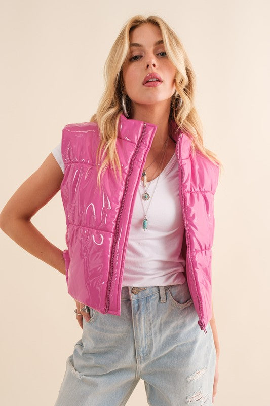 Gloss Shiny PU Quilted Puffer Crop Vest