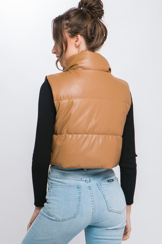 Faux Leather Puffer Vest With Snap Button