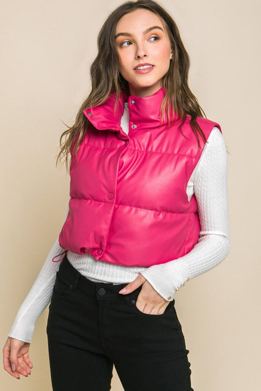 Faux Leather Puffer Vest With Snap Button