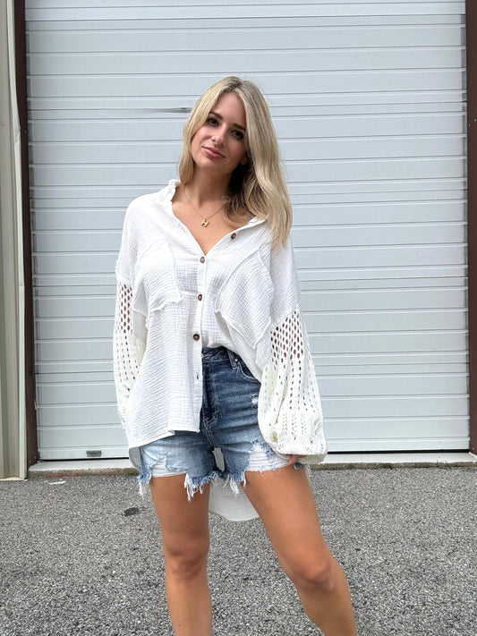 Chic Crochet Sleeve Button Up Top in White