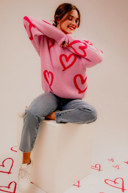 Long Sleeve Round Neck Heart Printed Sweater