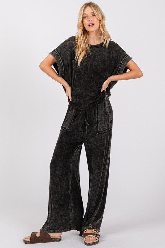 Mineral Wash Top & Pants Set in Black