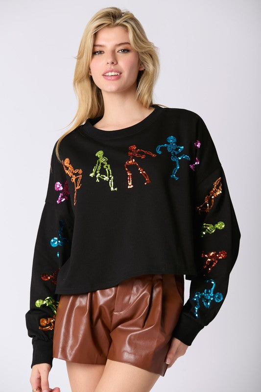 Dancing Skeletons Sequin Sweatshirt in Black