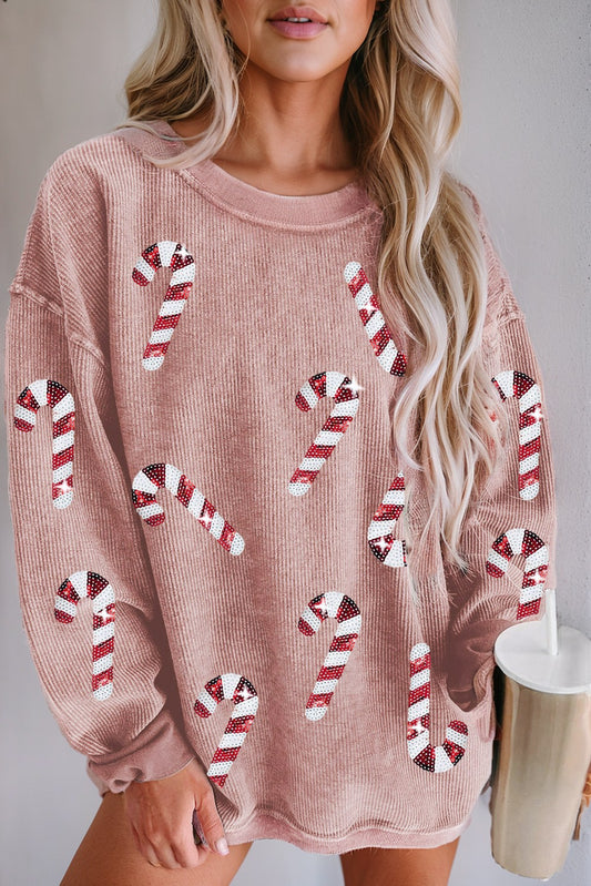 Sequin Candy Cane Corded Sweatshirt in Blush