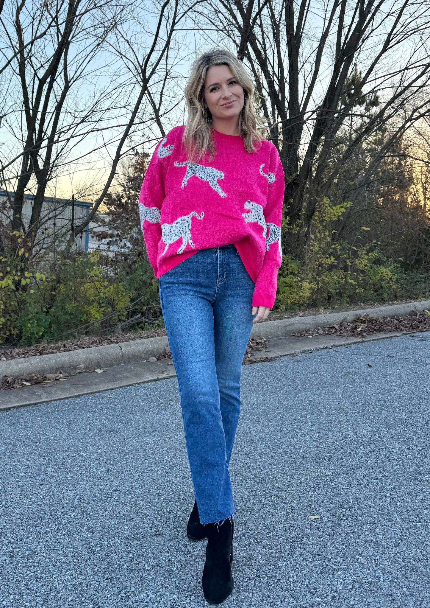 Eye-Catching Leopard Sweater in Electric Fuchsia