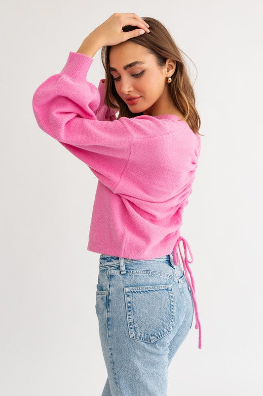 Fuzzy Sweater with Back Ruching in Pink