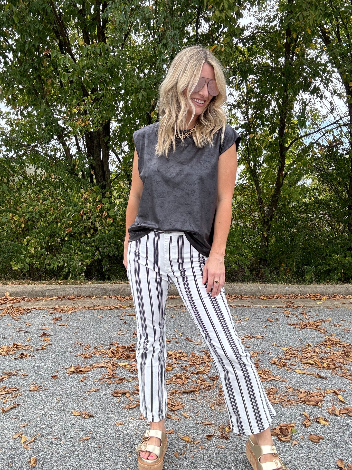 Striped Kick Flare Denim in Black/White