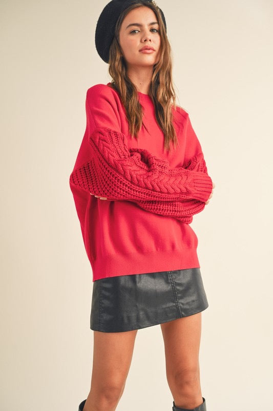 Cable Sleeve Sweatshirt in Red