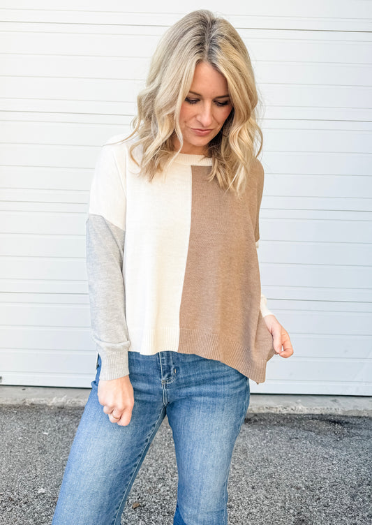 Fall In Love Color Block Sweater in Taupe Multi