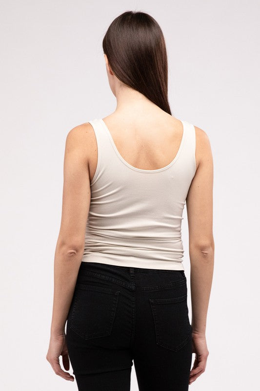 Front & Back 2-Way V-Neck Seamless Tank in white/black/sand beige