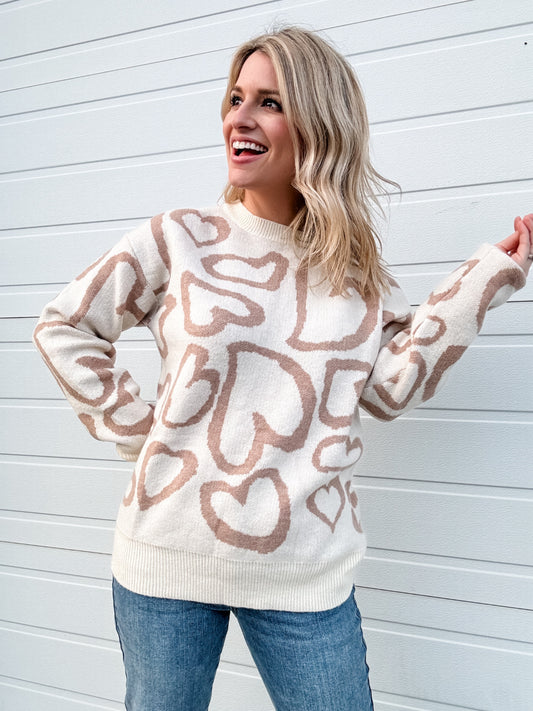Spread The Love Heart Sweater in Cream/Tan