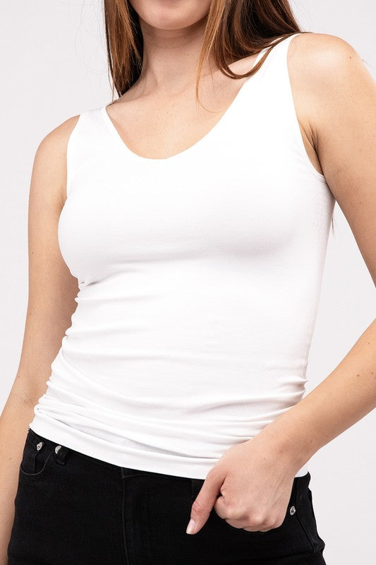 Front & Back 2-Way V-Neck Seamless Tank in white/black/sand beige