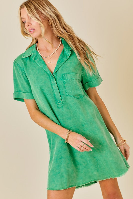 Washed Shirt Dress in Green