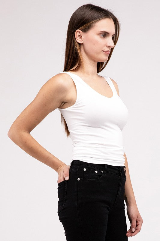 Front & Back 2-Way V-Neck Seamless Tank in white/black/sand beige