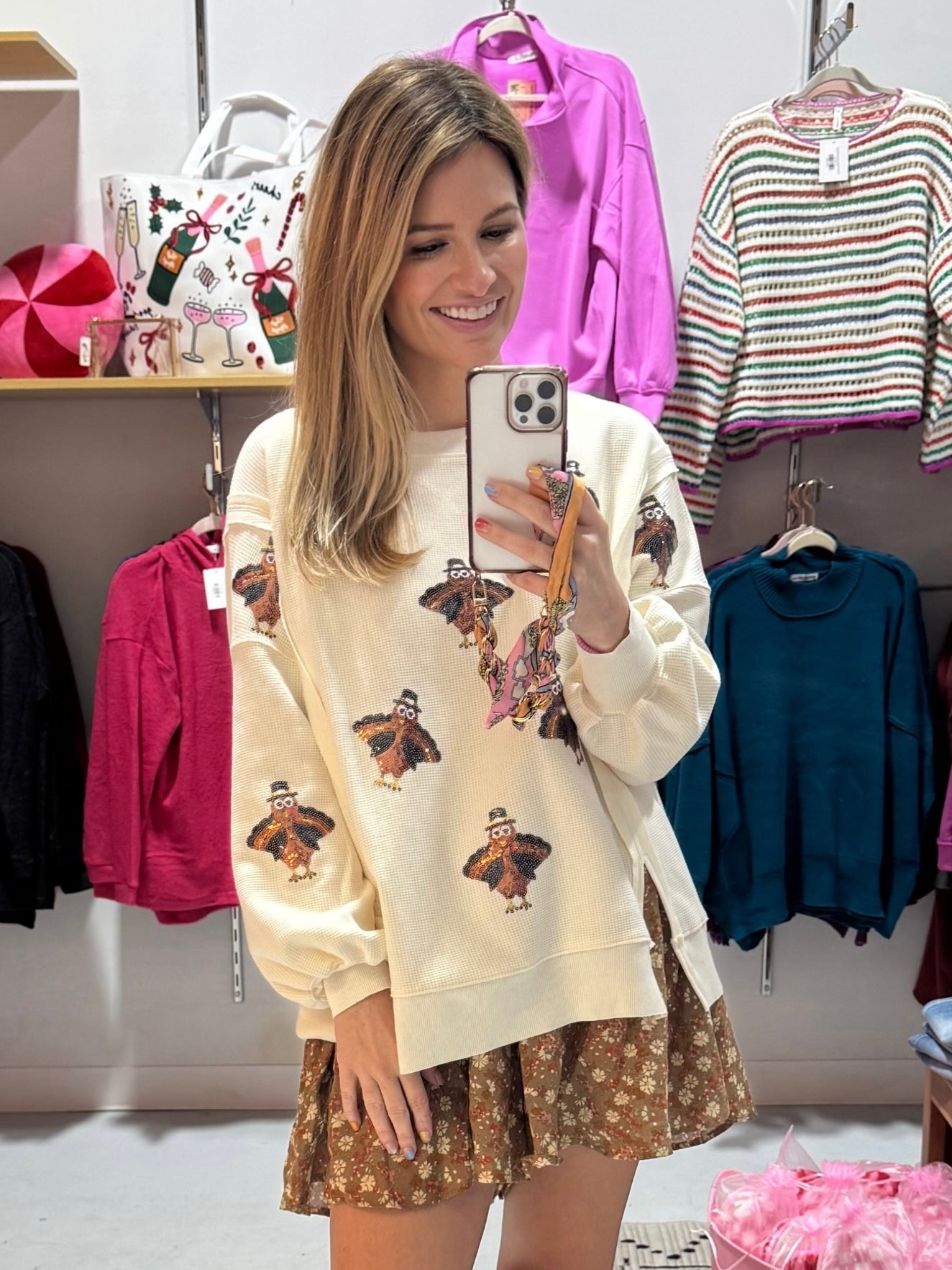 Sequin Turkey Waffle Knit Top in Cream